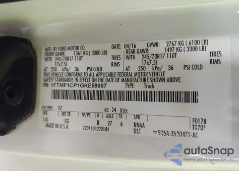 2016 Ford F-150 Xl z USA, uszkodzony, nr VIN 1FTMF1CP1GKE58997